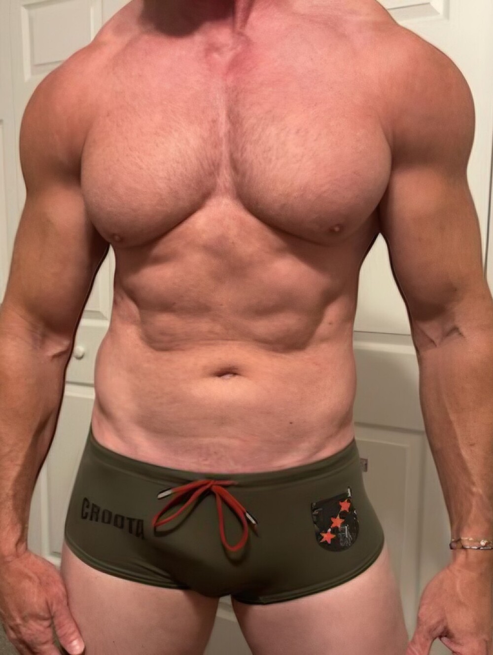 Olive Green Men's Swim Briefs with Red Drawstring